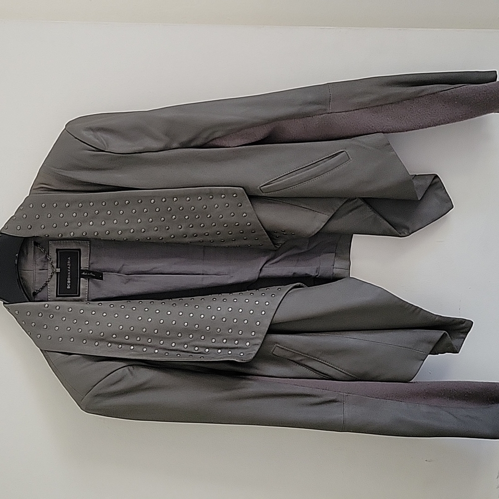 BCBGMAXAZRIA Gray Leather Studded Drape Front Jacket — Size Large